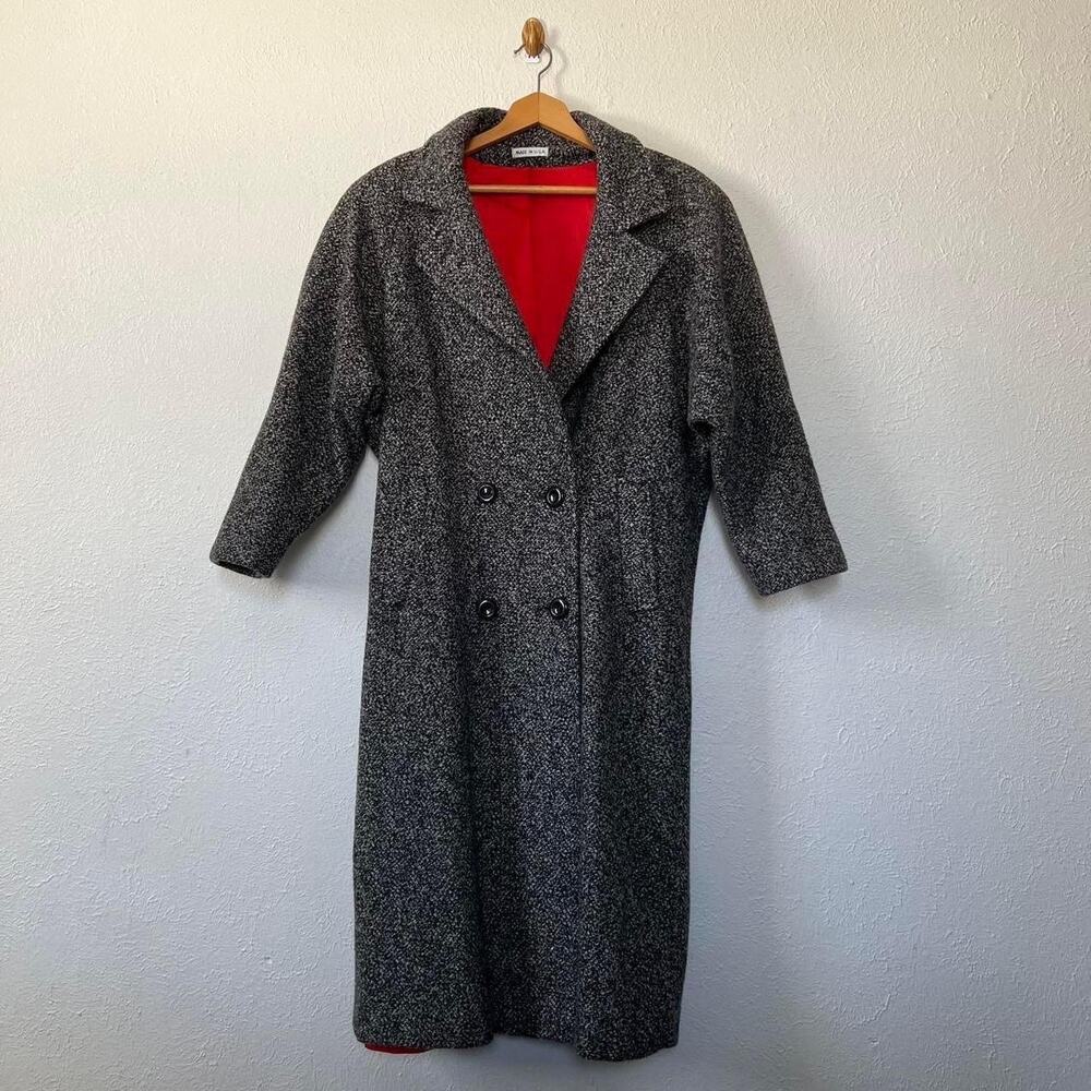 Vintage 80s 100% Wool Gray Oversized Tweed Overcoat L/XL Red Satin Lining Preppy